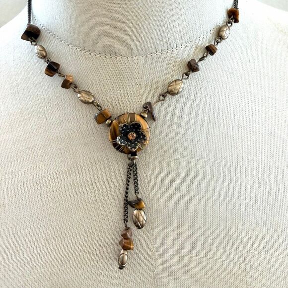 Avon Tiger’s Eye Y-Necklace Wire Wrapped Floral Drop - Picture 1 of 9